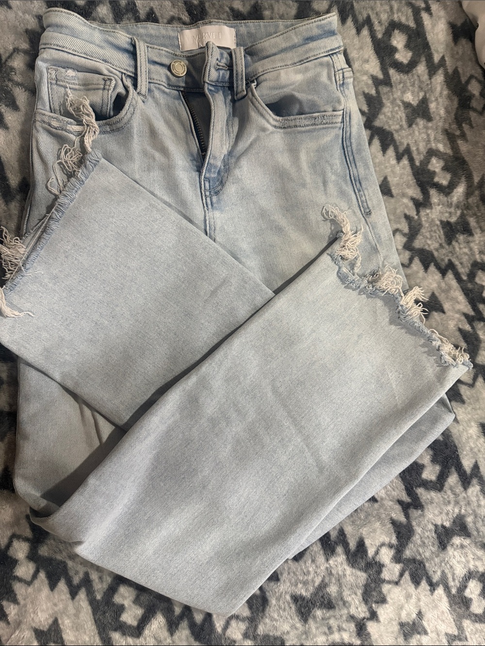 Light Blue Straight Leg Women’s Jeans with Distressed Hem - Casual Everyday
